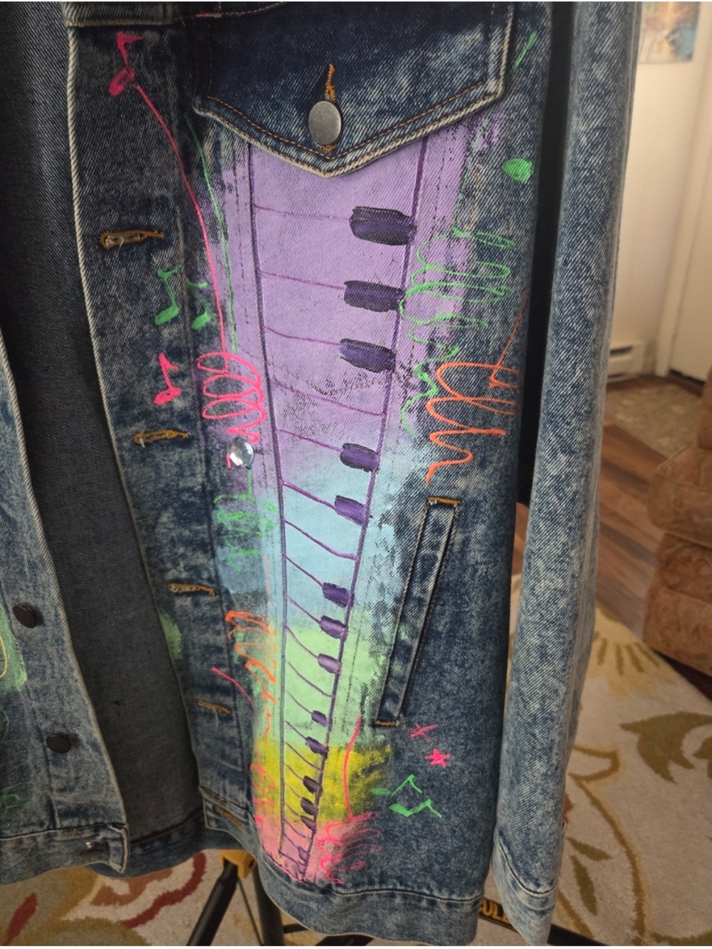 Vintage Hand-Painted Acid Wash Denim Jacket with Neon Piano & Sax Art - Picture 12 of 13
